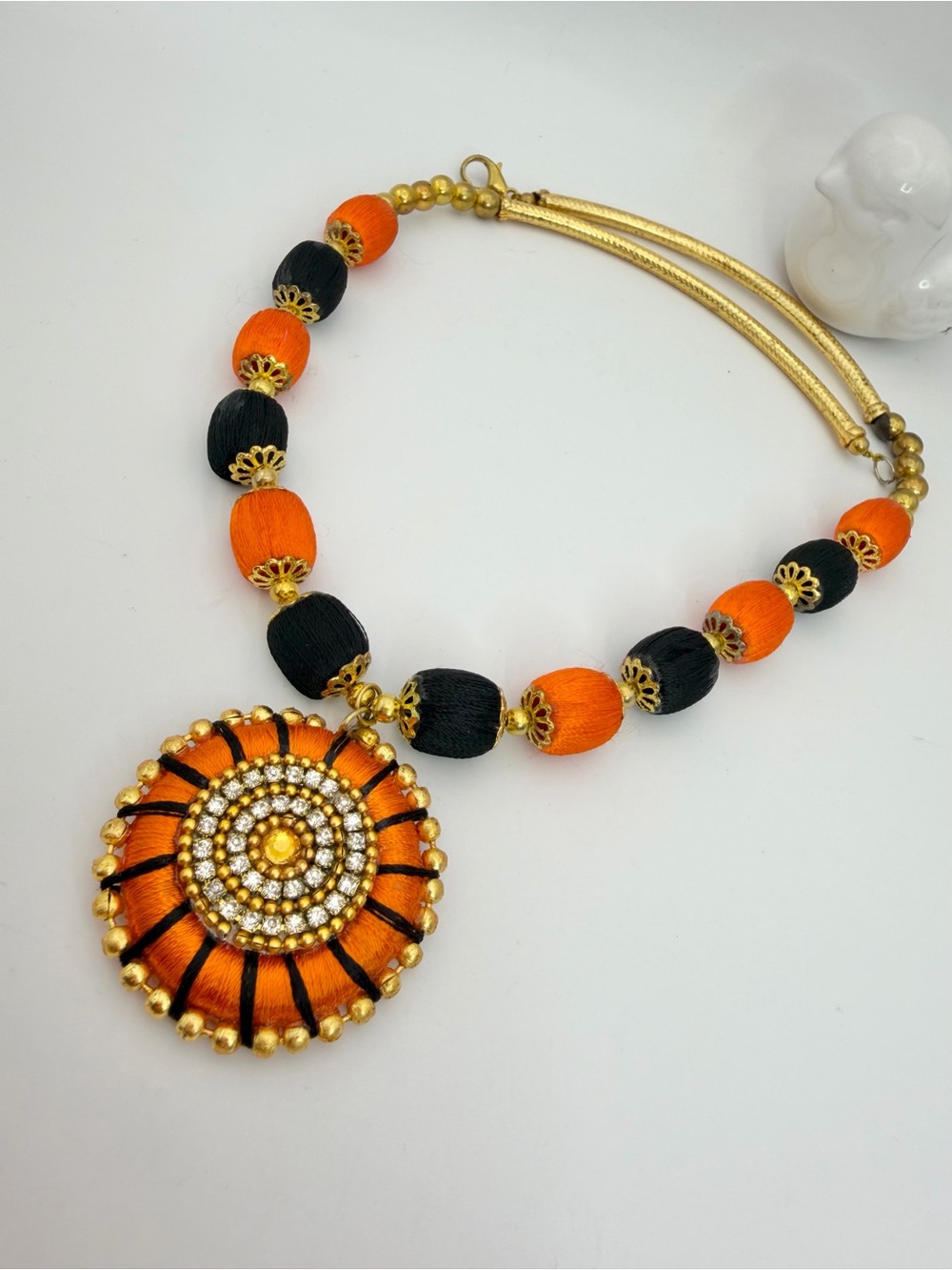 Handcrafted Orange & Black Silk Thread Pendant Necklace